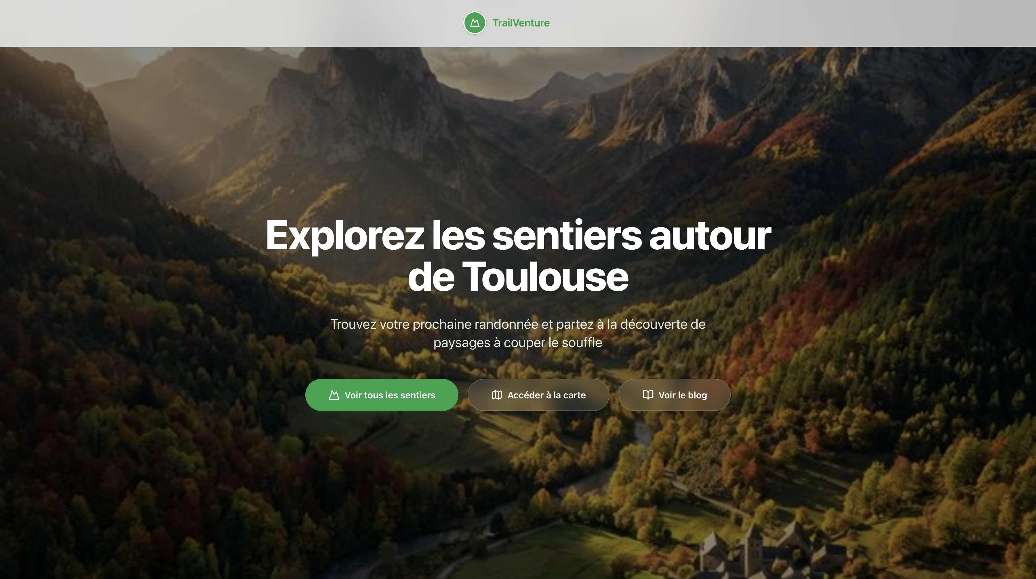 TrailVenture — page d'accueil avec carte interactive des randonnées toulousaines